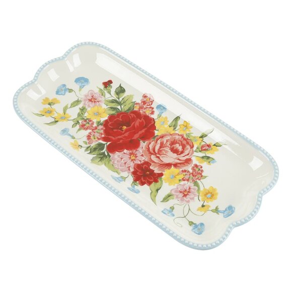 Pioneer Woman Serving Platter Sweet Rose Floral 14.17" Ceramic Tray Blue White - Picture 1 of 9